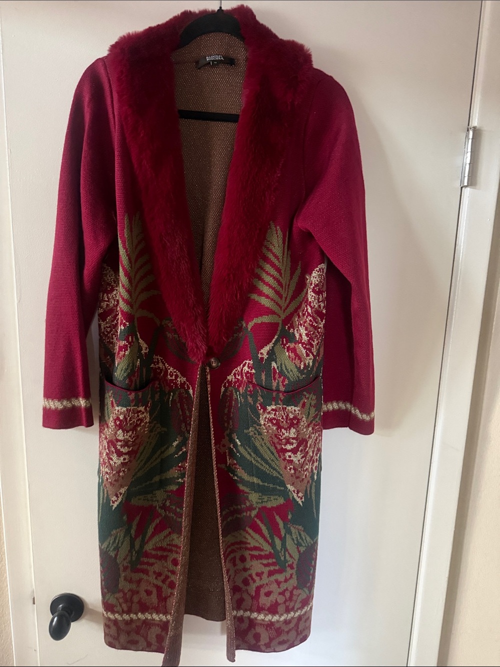 Badgley Mischka Burgundy Floral Knit Cardigan with Faux Fur Shawl Collar